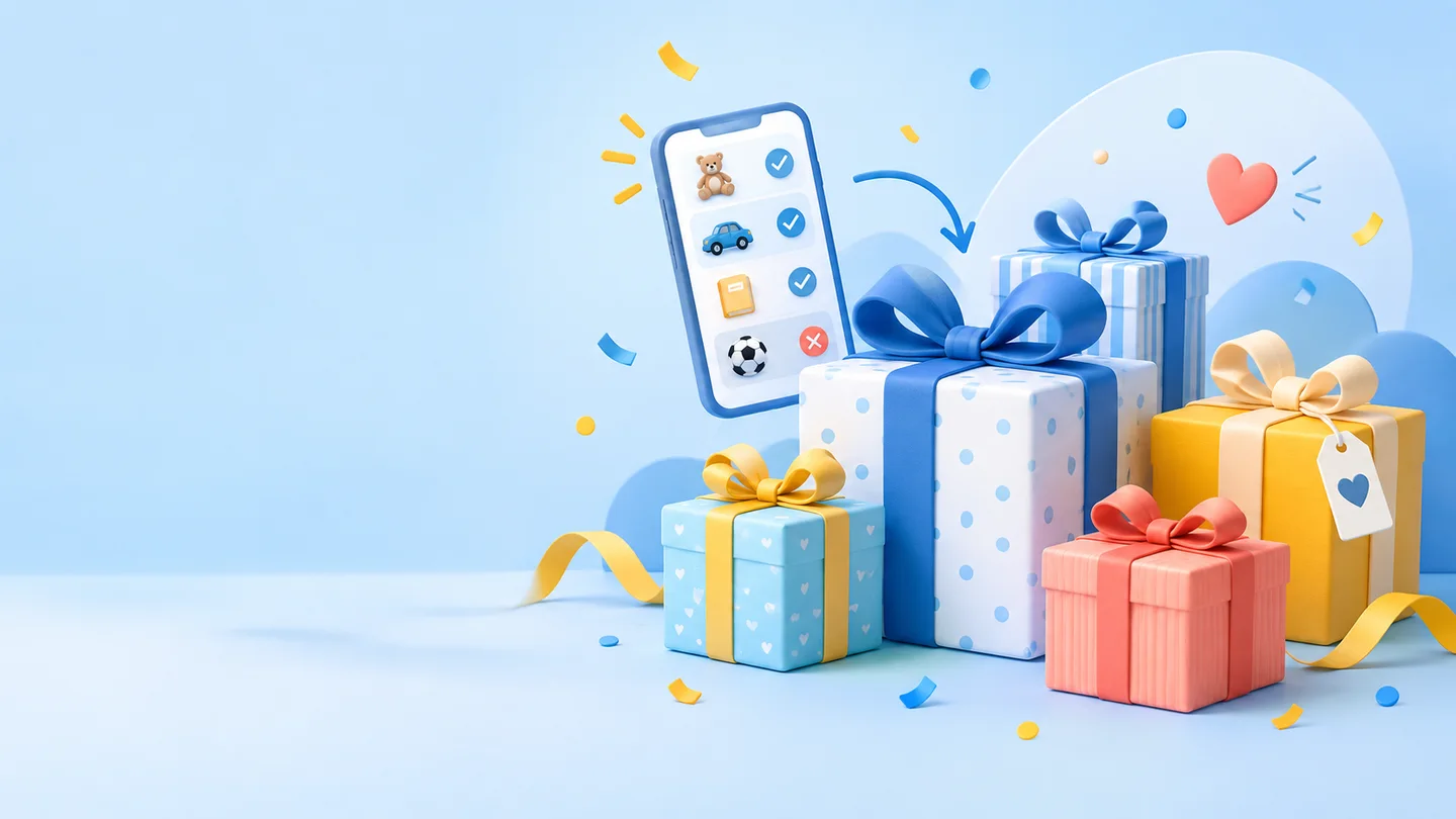 Colourful gifts and a phone displaying a list of ideas